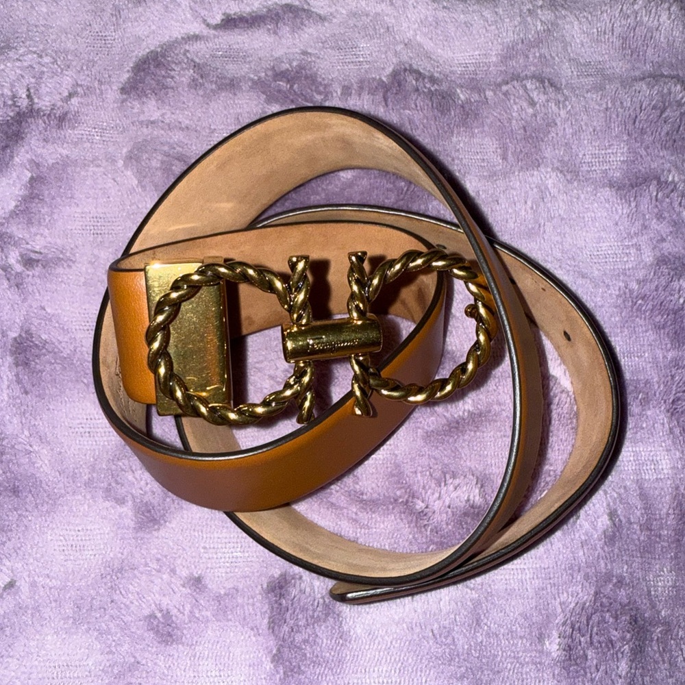Salvatore Ferragamo Tan Leather Belt with Gold Buckle